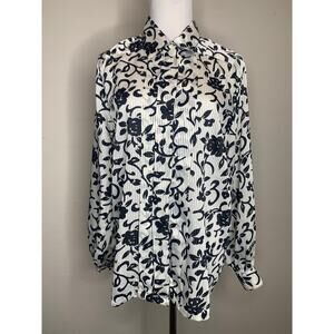 Black White  Button Front Blouse Sz Medium Floral Print Sheer